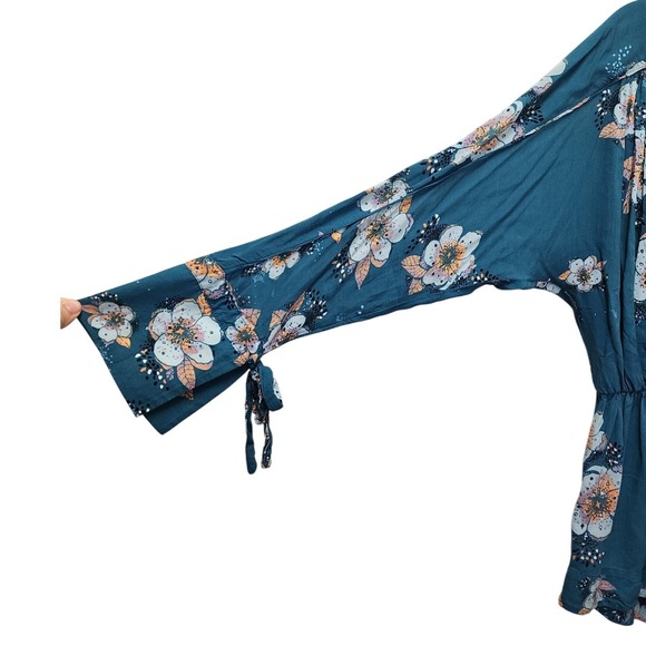 Free People Tuscan Dreams Teal Floral V Neck Tunic Long Sleeve Dress, Size S - Picture 9 of 11